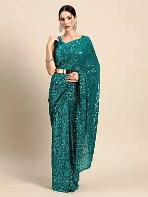 Faux Georgette All Over Sequins Work Designer Party Wear Saree with Blouse