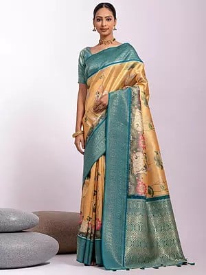 Tissue Silk Weaving Work Printed Festival Wear Saree with Tassels Attractive Pallu