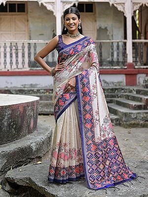 Weaving Work Floral and Ethnic Motif Printed Soft Tussar Silk Saree with Attractive Pallu