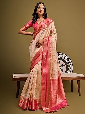 Raw Silk All Over Meenakari & Bandhani Weaves Saree with Zari Woven Border and Pallu