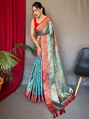 Weaving Work Festival Wear All Over Floral Leaf Motifs Silk Saree With Rich Tassels Pallu