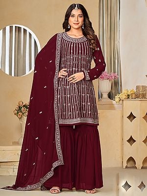 Designer Faux Georgette Sharara Suit with Heavy Embroidered and Dupatta