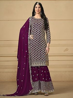 Faux Georgette Embroidered Palazzo Salwar Kameez with Zig Zag Pattern and Attractive Border