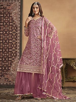 Vine Pattern Embroidered Net Sharara Suit With Net Dupatta For Wedding