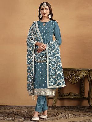 Thread Embroidered Small Butti Net Salwar Kameez with Designer Dupatta