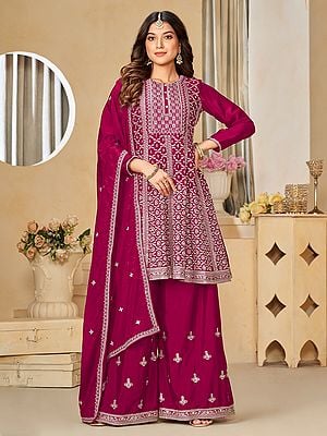 Chinon Floral Motif Embroidered Palazzo Suit With Dupatta For Wedding