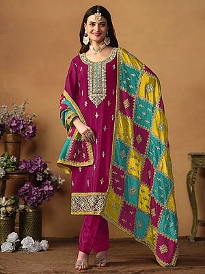 Chinon Silk Pant Style Suit with Colorful Dupatta and Heavy Embroidery on Front Side Neck