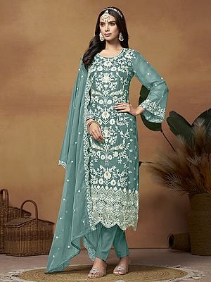 Floral Pattern Salwar Kameez and Dupatta with Soft Organza Heavy Thread Embroidered and Sequins