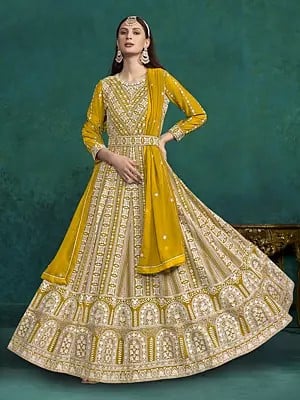 Heavy Embroidered Faux Georgette Designer Anarkali Gown Set With Dupatta