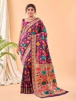 Designer Silk All Over Flower And Leaf Motifs Printed Saree For Festival Occasion