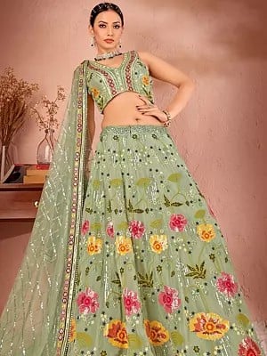 Georgette Sequins And Multi Thread Work Party Wear Floral Lehenga Choli With Net Matching Dupatta