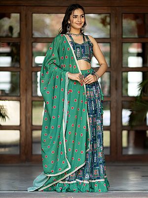 Silk Blend Printed Flared Multicolor Party Wear Lehenga Choli With Art Silk Dupatta