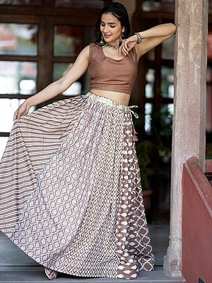 White And Brown Muslin Silk Printed Flared Party Wear Designer Lehenga Choli With Tassels