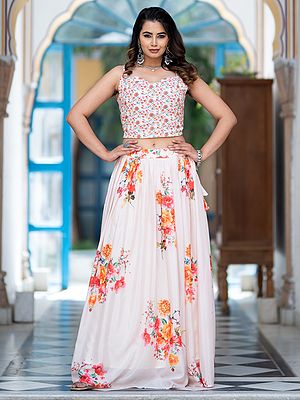 Rose-White Chinon Silk Flared Designer Party Wear Floral Printed Lehenga Choli