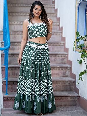 Mineral-Green Silk Blend Printed Party Wear Designer Flared Lehenga Choli