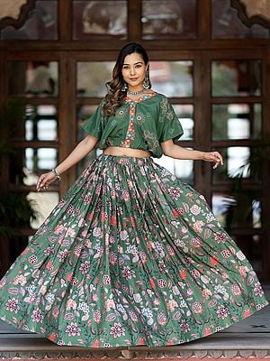 Mineral-Green Silk Blend Flower And Leaf Printed Flared Designer Party Wear Lehenga Choli