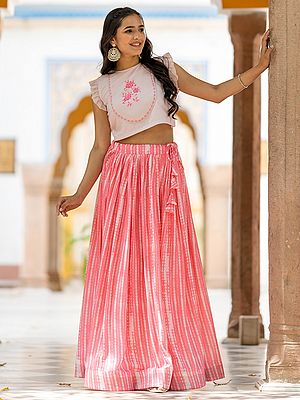 Light-Coral Printed And Dori At Waist Silk Blend A Line Designer Party Wear Lehenga Choli