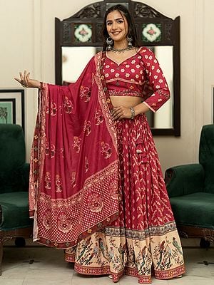 Deep-Carmine Silk Blend Printed Flared Traditional Lehenga Choli With Art Silk Dupatta