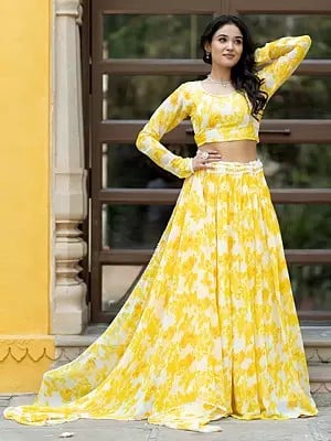 Light-Gold Georgette Flared Floral Printed Lehenga Choli With Attractive Matching Dupatta