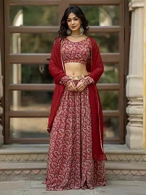 Wine-Red Georgette Small Paisleys Printed Designer Party Wear Flared Lehenga Choli With Plain Dupatta