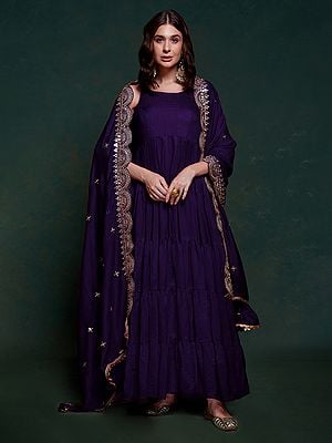 Silk Purple-Haze Sequins And Zari Work Designer Party Wear Gown With Matching Dupatta