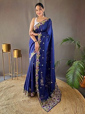 Floral Embroidery And Weaving Work Designer Saree With Blouse For Festival Occasion