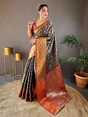 Broad Border Weaving Work Ethnic Motifs Traditional Silk Saree With Rich Pallu