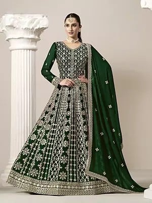 Faux Georgette Heavy Embroidered Work Designer Gown With Dupatta