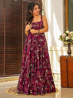 Heavy Rayon Floral Digital Print Fully Flared Anarkali Gown For Festival Occasion