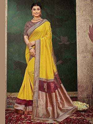 Bright-Gold Silk Georgette Sequins Embroidery And Cut Applique Work Saree With Blouse