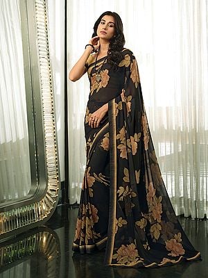 Flower And Leaf Printed Designer Georgette Saree With Malai Silk Blouse