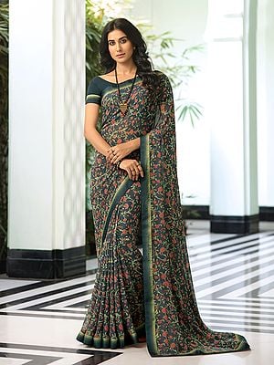 Georgette Floral Designer Party Wear Printed Saree With Malai Silk Blouse