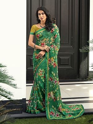 Dartmouth-Green Floral Printed Beautiful Georgette Saree With Malai Silk Blouse