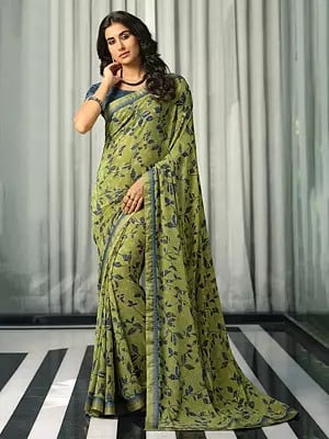 Greenish-Tan Georgette Floral Leaf Printed Saree With Malai Silk Blouse