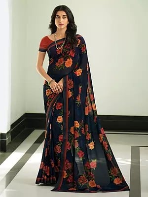 Georgette Beautiful Floral Printed Saree With Malai Silk Blouse