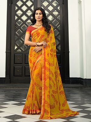 Yellow-Orange Georgette Beautiful Printed Saree With Malai Silk Blouse For Casual Occasion