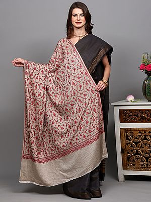 French-Oak Pure Pashmina Shawl with Sozni Hand Embroidered Paisleys-Flowers Jaal from Kashmir