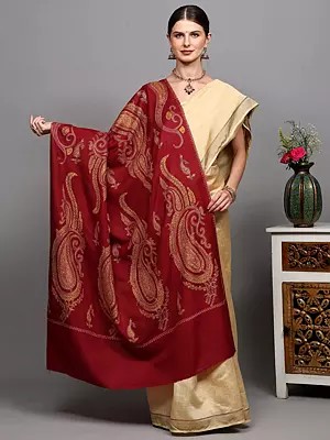 Pure Wool Shawl from Kashmir with Sozni Hand-Embroidered Giant Paisleys