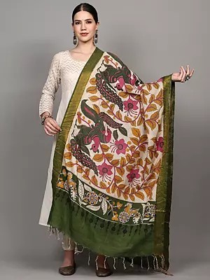 Kalamkari Dupatta with Printed Peacocks-Flowers and Zari Border from Telangana
