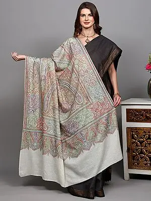 Cannoli-Cream Extra Wide Pure Pashmina Shawl from Kashmir with Detailed Flowers and Paisley Pattern Sozni Embroidery by Hand