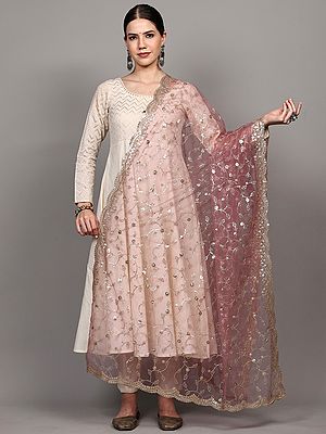 Net Dupatta with Zari-Sequins Embroidered Leaf Vine and Scalloped Border from Amritsar