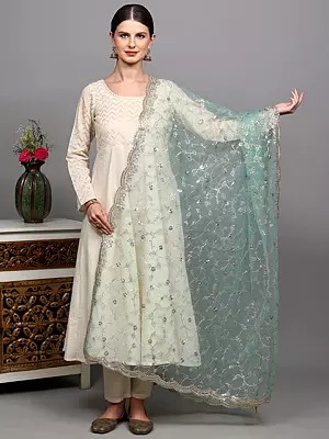 Net Dupatta with Zari-Sequins Embroidered Leaf Vine and Scalloped Border from Amritsar