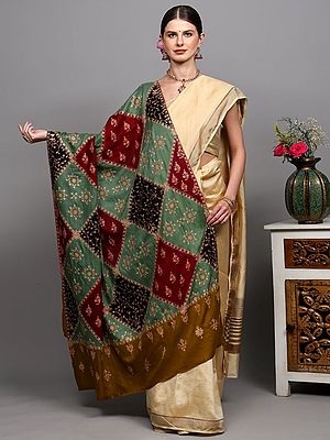 Multicolor Diamond Pattern Pure Pashmina Shawl with Sozni Hand-Embroidered Floral Butta from Kashmir