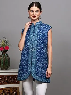 Bright-Cobalt Pure Wool Sleeveless Jacket from Kashmir with All-Over Aari Embroidered Paisleys