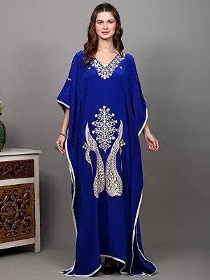 Crepe Long Kaftan from Kashmir with Aari Embroidered Giant Paisleys