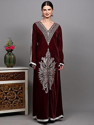 Madder-Brown Paisley Embroidered Velvet Gown from Kashmir