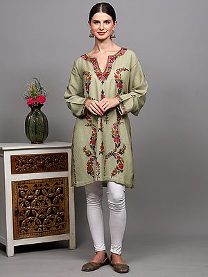 Agate-Gray Pure Wool Phiran from Kashmir with Aari Embroidered Phool Bail