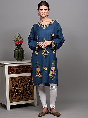 Federal-Blue Pure Wool Kashmiri Phiran with Floral Aari Embroidery