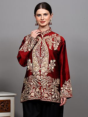 Karanda-Red Pure Silk Short Jacket with Aari Embroidered Paisleys and Flowers from Srinagar
