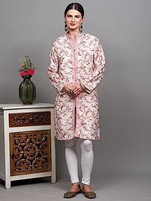 Long Jacket from Kashmir with Intricate Aari Embroidered Paisley Vine